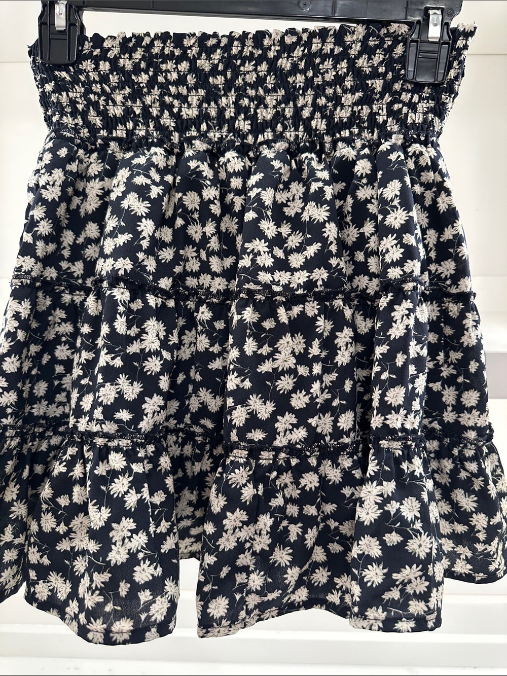 Pink Lily small Black Floral Tiered Smocked Waist Skort. Like new